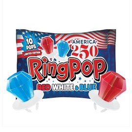 Ring Pop Red White & Blue Lollipops – Bulk Candy Individually Wrapped Wearable Hard Candy Rings – Cherry & Blue Raspberry Flavored Lollipop, Hard Sweets for Party Favors, Kids & Goodie Bags – 10 Count