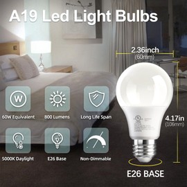 TJOY 24 Pack A19 LED Light Bulbs, 60 Watt Equivalent LED Bulb, Efficient 9W, Daylight 5000K, E26 Standard Base, Bright White Light Bulb, Non Dimmable, Energy Saving, 800LM, 80 CRI, 120V, UL Listed