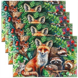 Feelyou Fox Placemats Set of 4 Cute Cartoon Fox Placemats for Dining Table Indoor Outdoor Kitchen 12"x18" Rabbit Animal Table Mats Placemat Leaf Pattern Decor Table Place Mats Nature Wildlife