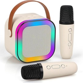 Mini Karaoke Machine for Kids Adults, Portable Bluetooth Speaker with 2 Wireless Mics and LED Light,5 Variable Voice, for Home Party for Adults,Birthday Gift for Girls/Boys Ages 3-12+ Years wireless  karaoke - Color: white