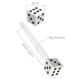 Evonix 2pc 16mm 1.6mm Flexible Tongue Bar Rings Bioflex 16mm 5/8 Bioplast Barbell Ring White Acrylic Dice