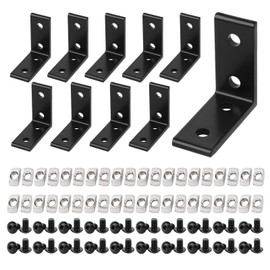 10pcs 4 Hole Inside Corner Bracket for 2020 Aluminum Extrusion 6mm Slot,Black L Corner Bracket 90 Degree with 40pcs M5 Hex Screw,40pcs M5 T Nuts,1pcs Wrench