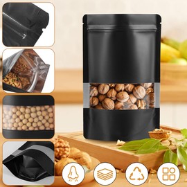 Bolsas Hermeticas de 200 Piezas,Bolsas de Papel Kraft,Aluminio por Ambos Lados,Bolsas Pouch con Ventana y Cierre Hermético de Cremallera, para Dulces, Accesorios, Aperitivos, Joyería,10*15CM (Negro)