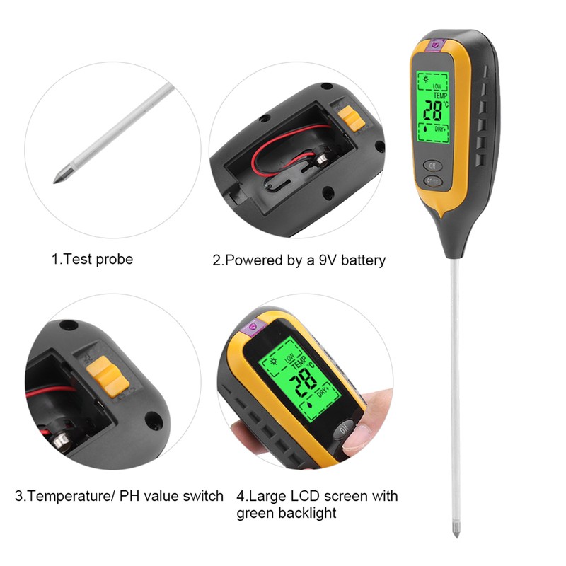 4 In 1 LCD Moisture Temperature Sunlight PH Tester Meter