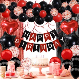 Red and Black Birthday Decorations, Happy Birthday Banner, Confetti Balloons, Fringe Curtain, Heart Star Foil Balloons, Hanging Swirls for Women Girls Birthday Princess Party Decorations
