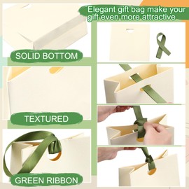 Gilprop 12 Pcs White Mini Paper Gift Bags with Green Ribbon Handle Bulk Thick Texture Wedding Goodie Bags Welcome Bag for Bridesmaid Bridal Shower Housewarming Holiday Birthday Party