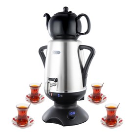 ETHNIQ - Electric Samovar | 4L Stainless Steel Tea Maker | Adjustable Temperature Controller | Boil Dry & Auto Shot-off | 1.2L Porcelain Teapot | Turkish, Persian, Russian Tea Kettle – Black