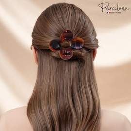 Parcelona French Flat Fleur 3 ¼” Tortoise Shell Celluloid Set of 2 Yoga Jaw Clips Non-Slip Slide-In Side Clips for Fine Hair Women Hair Accessories, Made in France