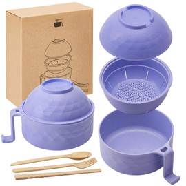 1 Set Microwave Ramen Cooker 40oz Wheat Straw Microwave Noodle Bowl Set with Chopsticks, Spoon, Fork, College Dorm Office Apartment Essentials (Purple)