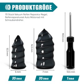 Dreamark 70 Pieces Vacuum Tyre Repair Nails, Tyre Repair Kit Car Motorcycle with Screwdriver, Tubeless Tyre Repair Kit 35S + 35L for Tubeless Tyres, SUV, Truck, Motorhome, Bicycle (2 Sizes)