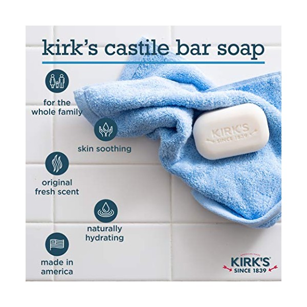 Kirk's Castile Bar Soap Clean Soap for Men, Women & Children| Premium Coconut Oil | Sensitive Skin Formula, Vegan | Original Fresh Scent | 4 oz. Bars - 24 Pack