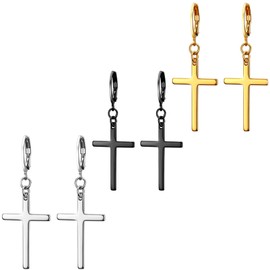 3 Pairs Cross Earrings for Men Women Dangle Drop Crucifix Hinged Hoop Jewelry Stainless Steel Hypoallergenic Black Gold Silver