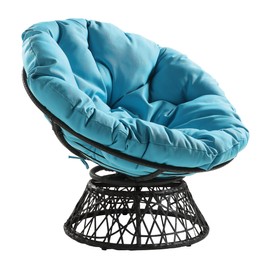 OSP Home Furnishings Wicker Papasan Chair with 360-Degree Swivel, Large, Grey Frame with Blue Cushion