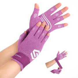 Duerer Arthritis Compression Gloves with Straps, Women Men for RSI, Carpal Tunnel, Rheumatoid, Tendonitis, Hand Pain, Hand Support. Fingerless Gloves for Computer Typing and Daily work (Purple, XL)