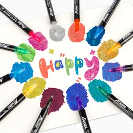 ABEIER Glitter Markers Pens, 12 Colors Sparkle Acrylic Metallic Paint Pens, Fine Point Tip, Water-based Ink for Rock Painting, Stone, Mugs, Ceramic, Glass, Wood, Card, Canvas, DIY Crafts, Art Supplies