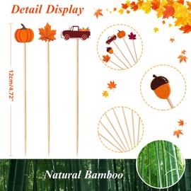 100 pcs Fall Cocktail Picks, Fall Theme Toothpicks Leaves Pumpkins Acorns Decorative Fancy Bamboo Appetizer Fruit Skewers for Fall Thanksgiving Day Party Food Fruit Drinks Decoration