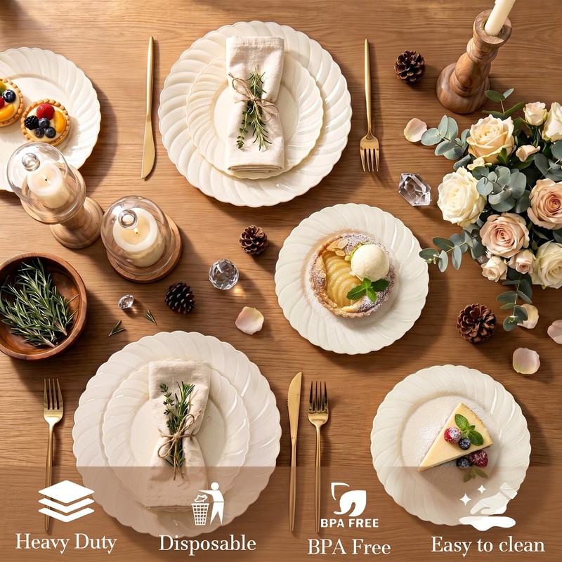 U-QE 60PCS Ivory Plastic Plates for Party – Scalloped Disposable