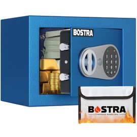 Bostra Fireproof Safe Box with Sensor Light & Fireproof Bag, Money Safe Box with Digital Keypad,Security Safe Box for Home, 0.23 Cubic Small Safe with Keys & Pass Code for Cash Jewelry Blue