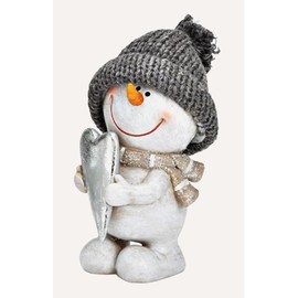 TEMPELWELT Decorative Figurine Snowman with Heart 14 cm Ceramic Grey White Decorative Snowman Figure Winter Decoration Winter Christmas