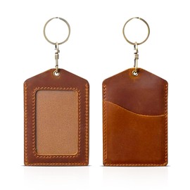 Trizek - ID Badge Luggage Tag School and Working Card tag Genuine Leather ID Card Holder Tag (Brown)