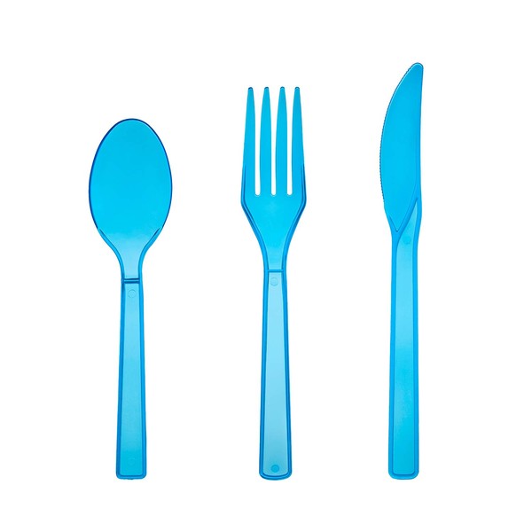 Party Essentials Hard Plastic Cutlery Combo Pack, 51 Pieces/17 Place Settings, Neon Blue