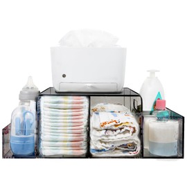 NANYEZH Acrylic Diaper Caddy, Baby Wipes Organizer for Changing Table, Dresser Top Tabletop Organizer with 4 Detachable Compartments, Anti-slip Rubber Feet, Newborn Baby Essentials, Black