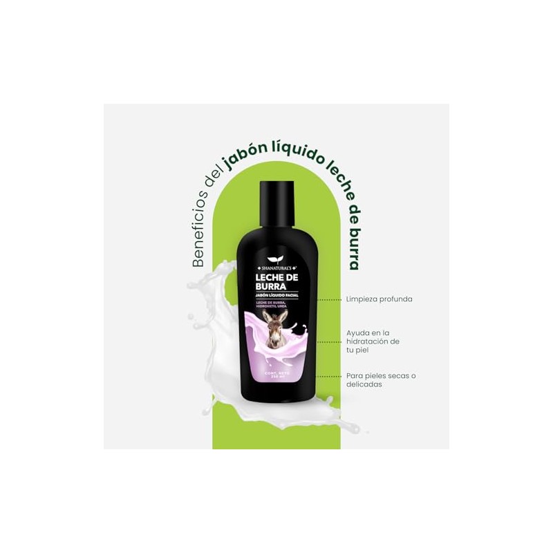 Shanatural's Jabón Líquido Facial Leche de Burra, Hidratación Intensa, Limpieza
