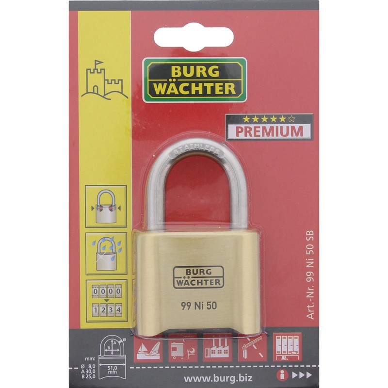 Burg-Wächter 99 Ni 50 SB Combination Padlock, Brass, Normal