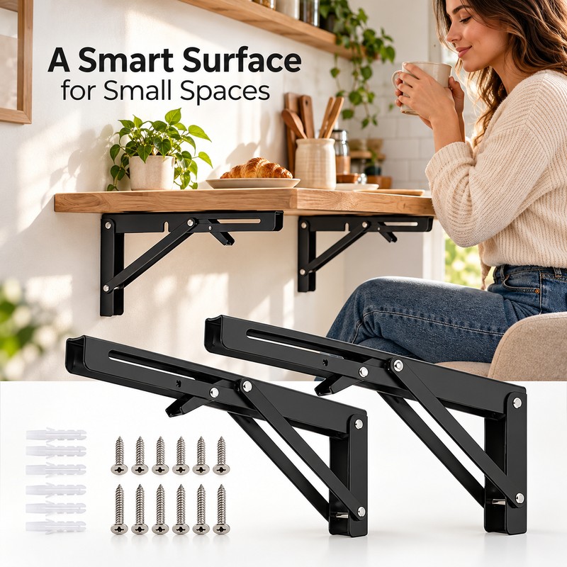 2 Pack 6 Inch Folding Shelf Brackets, 90° Metal Wall