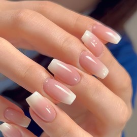 Mkwntg Gradient French Tip Press on Nails Medium Square Fake Nails Glossy Pink White False Nails Glossy Full Cover Glue on Nails Natural Acrylic Nails Women Girls Manicure Nail Art Decoration 24Pcs