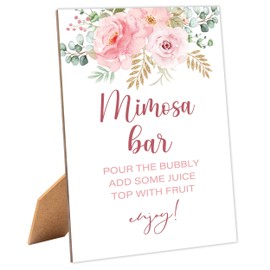 Blush Pink Floral Bridal Shower Mimosa Bar Sign, Table Decor Bridal Shower Sign, Pack of 1 Wooden Tabletop Sign with Stand, Bridal Shower Decorations, Wedding Shower Supplies - XG02