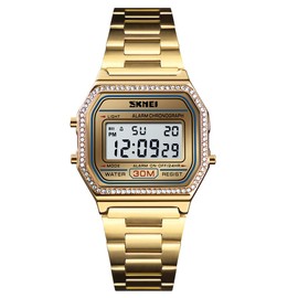 FANMIS Women's Men's Luxury Fashion Digital Electronic Square LED Sports Watch Multifunction Waterproof Daily Alarm Gold Silver Wristwatch (X Gold)