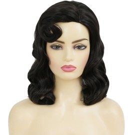 Swiking Black Curly Vintage Wig for Women 1950s Hollywood Big Wave Wig Retro Victory Rolls Synthetic Wig for Halloween Cosplay Daily Wear