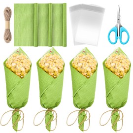 Wonderjune 55 Pcs Artificial Popcorn Corn on The Cob Kit DIY Popcorn Corn Bags Craft Popcorn Wrappers with Green Wrinkle Paper Hemp Rope Scissors for Farm Country Theme Party Home Kitchen Decoration