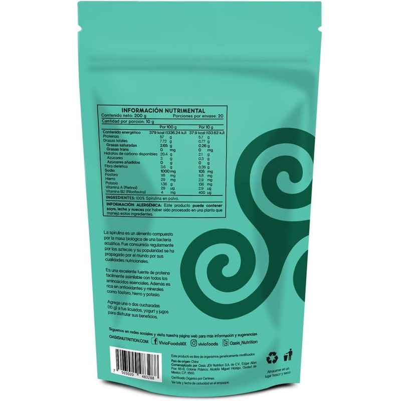 Vivio Foods, Spirulina Orgánica En Polvo, 200 gramos