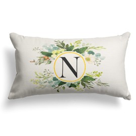 Snylcee Monogram Letter N Throw Pillow Covers Floral 12x20 Inch, Greenery Spring Pillows Decorative Throw Pillows Pillowcase Summer Farmhouse Decor for Couch Sofa, Family Last Name Initial Pillow Case
