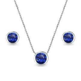 B. BRILLIANT Sterling Silver Created Blue Sapphire 7mm Round Bezel Solitaire Dainty Necklace & Stud Earrings Set for Women