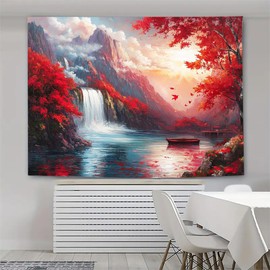 FENDROM Mountains Waterfall Tapestry Watercolor Nature Red Autumnal Leaves Tapestries Aesthetic Sun Rise Wall Hanging Lake Reflection Boat Abstract Wall Tapestry for Living Room Bedroom Dorm