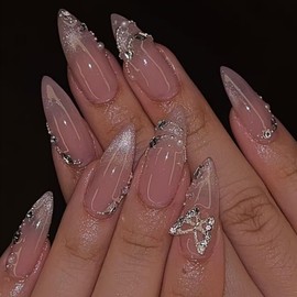 Cat Eye Press on Nails Medium Almond Fake Nails with 3D Butterfly Charms rhinestone Design Stick on Nails Shiny Glitter False Nails Nude Acrylic Glue on Nails for Women Manicure 24Pcs