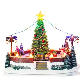taman Christmas Village Collectible Buildings, Christmas Tree Amusement Park with Moving Train with Warm Light Christmas Ornaments for Christmas Holiday Decorations