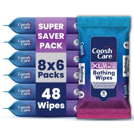 CooshCare XL Ultra Thick Bathing Wipes – 8ct (Pack of 6) | No-Rinse Body Wash Wipes | Hypoallergenic, pH-Balanced, Microwaveable | Alcohol-Free Cleansing Wipes for Adults, Elderly, Travel, Camping