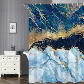 Umpoo Teal and Blue Marble Shower Curtain for Bathroom Abstract Lines Gold Sand Shower Curtain Waterproof Polyester Fabric Modern Artistic Aesthetics Home Decor Bath Curtain with Hooks, 72x72 Inch