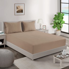 Lane Linen 100% Organic Cotton Fitted Sheet Queen Size only, 3-Piece Set (1 Fitted Sheet, 2 Pillowcases), Percale Weave, Fitted Sheet, Breathable, Fits Mattress Upto 15" Deep - Taupe