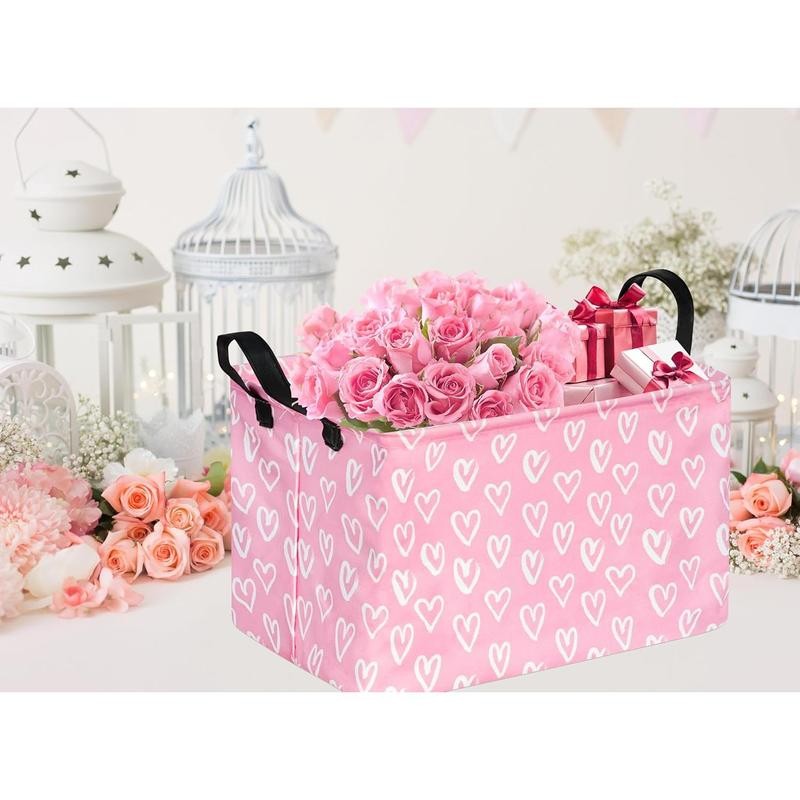 Rectangular Valentines Basket Pink Love Storage Bin Collapsible Heart Hamper