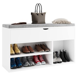 GAOMON Shoe Storage Bench, Rack with Comfortable Thickened Cushion, Ample Storage Space with Lift-up Storage Box and 2 Tiers Shoe Rack in White