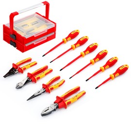 CRIPOP 10 PCS Insulated Screwdriver and Pliers Set, 1000V Insulated Electrician Tool Set with 6 Phillips, Slotted & Square Screwdrivers, 4 Insulated Pliers and 2 Stackable Tool Box
