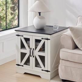 Farmhouse End Table, 25" Large Sofa Side Table with Charging Station, Rustic Wood Square Nightstand with Mesh Barn Door and Shelf, Nightstand for Living Room, Bedroom, Office, Black