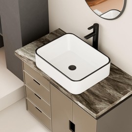 GHOMEG 19 Inch Bathroom Vessel Sink Rectangular 19x15 Above Counter Porcelain Sink White with Black Trim White Bathroom Sink Rectangle Large Washing Basin