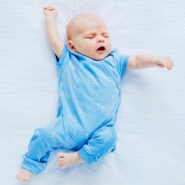 Organic Cotton Summer Short Sleeve Crossover Sleepsuit - Tiny Whales in Hydrangea Blue, 3-6 MTHS
