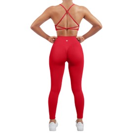 SUUKSESS Women Seamless 2 piece Workout Sets Strappy Padded Sports Bra Booty High Waisted Leggings Outfits (Red,M)